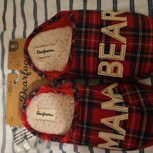 Dearfoams Red Plaid Slippers with Bear Design Size S